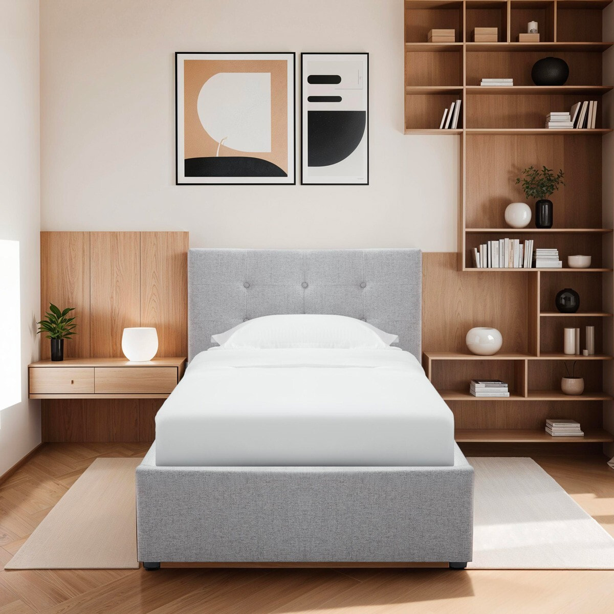 Lit coffre avec tête de lit en tissu - TINA