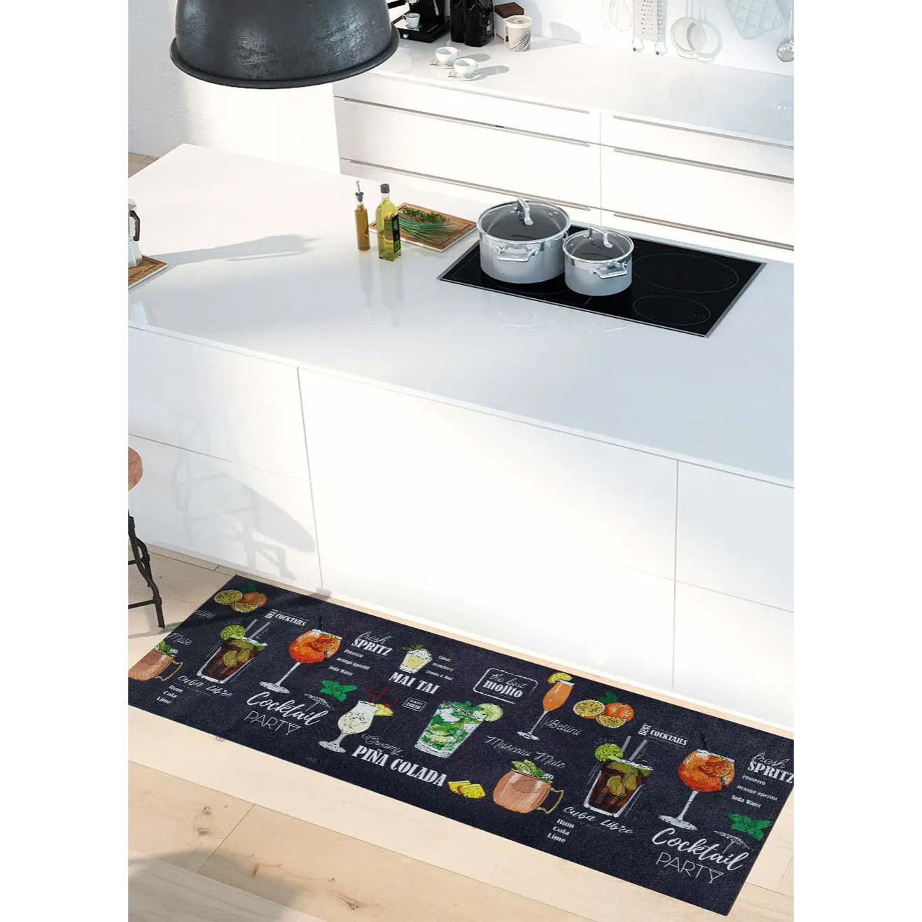 RICCI Alfombra vinílica de cocina diseños de cócteles en negro, varias medidas disponibles.