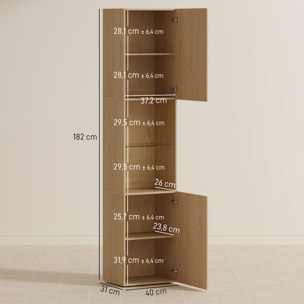 Armario de Baño Alto, Columna de Baño Estrecha de 6 Niveles con 2 Puertas, Estante de Vidrio Templado, Estantes Ajustables, 40x31x182 cm, Roble