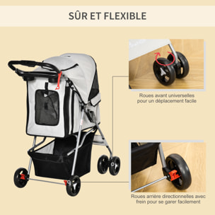 Poussette buggy pour chiens 75L x 46l x 94H cm pliable imperméable tissu 600D Oxford 4 roues gris