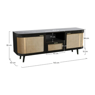 Meuble TV en bois de manguier et cannage 145 cm - Wendy