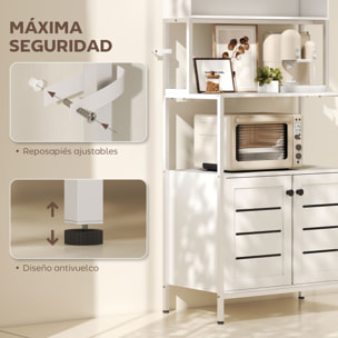 Estantería de Cocina con Toma de Corriente Soporte para Microondas Estante de Cocina con 2 Puertas con Lamas 2 Puertos USB y Compartimentos para Comedor Salón Blanco