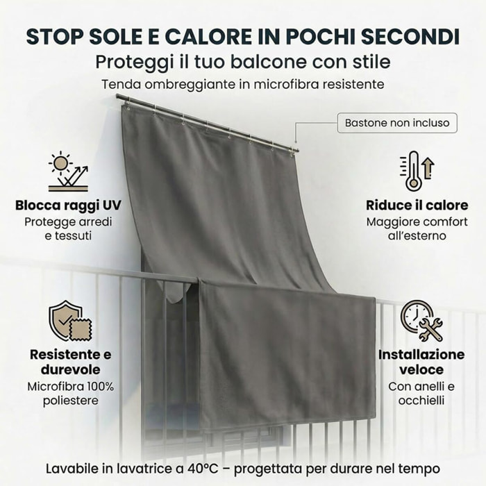 Tenda da sole a caduta impermeabile per esterno con occhielli, telo parasole resistente ai raggi UV e intemperie, protegge da luce e calore, aumenta privacy su balcone e terrazzo, facile da installare, tessuto in poliestere durevole e lavabile