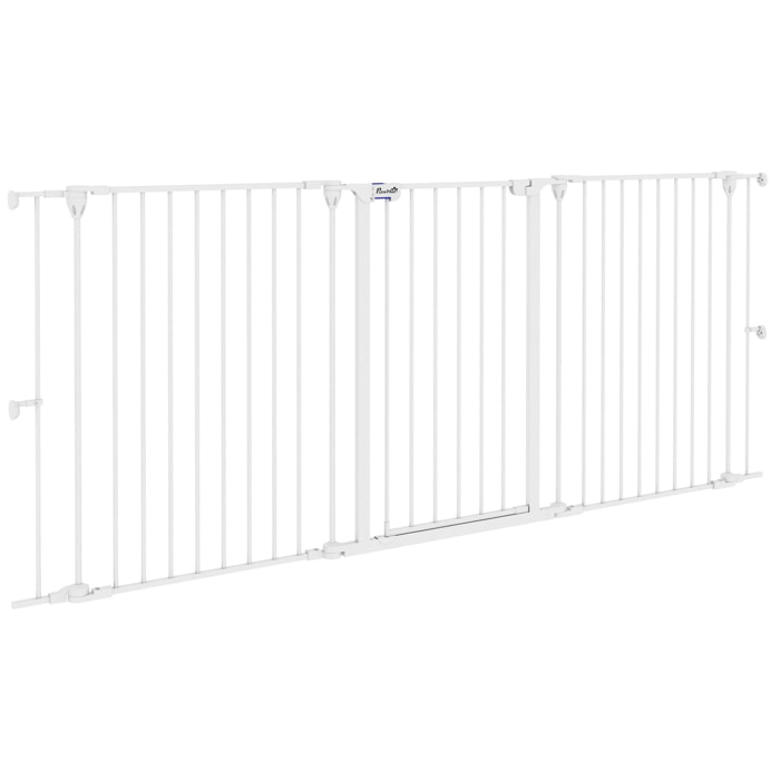 Barrière de sécurité pliable pour chien - 3 panneaux, porte verrouillable - dim. 206L x 90H cm - acier PP blanc