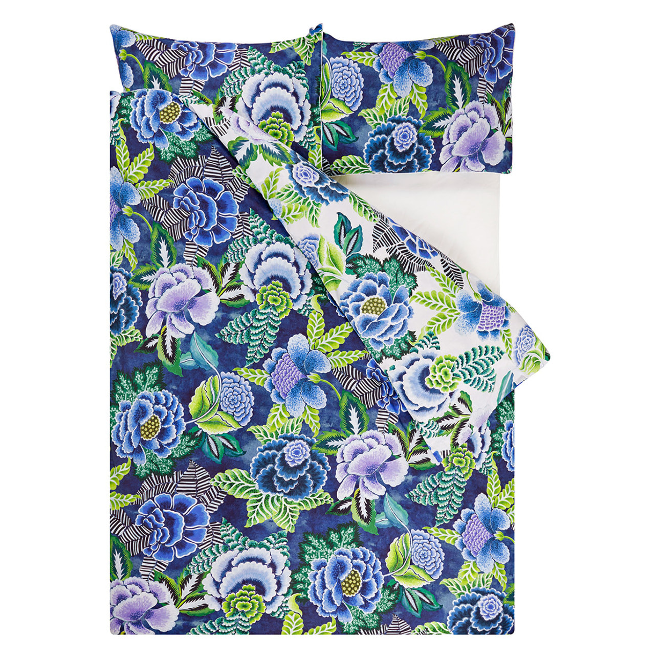 Housse de couette imprimée en percale de coton, ROSE DE DAMAS, Bleu indigo