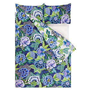 Housse de couette imprimée en percale de coton, ROSE DE DAMAS, Bleu indigo
