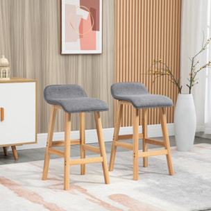 Conjunto de 4 Taburetes de Bar Tapizado en Lino Sintético Taburetes Altos de Cocina con Reposapiés y Patas de Madera Carga 120 kg 40x41,5x75,5 cm Gris y Natural