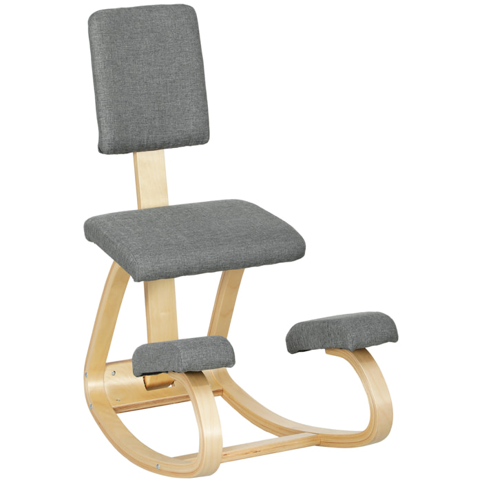 Silla Ergonómica de Rodillas con Respaldo, Silla de Rodillas, Cojines Acolchados, Marco de Madera, para una Mejor Postura, Oficina, Gris