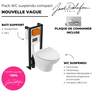 Pack WC suspendu sans bride compact Nouvelle vague+ bâti-support + plaque Chrome brillant/Chrome mat