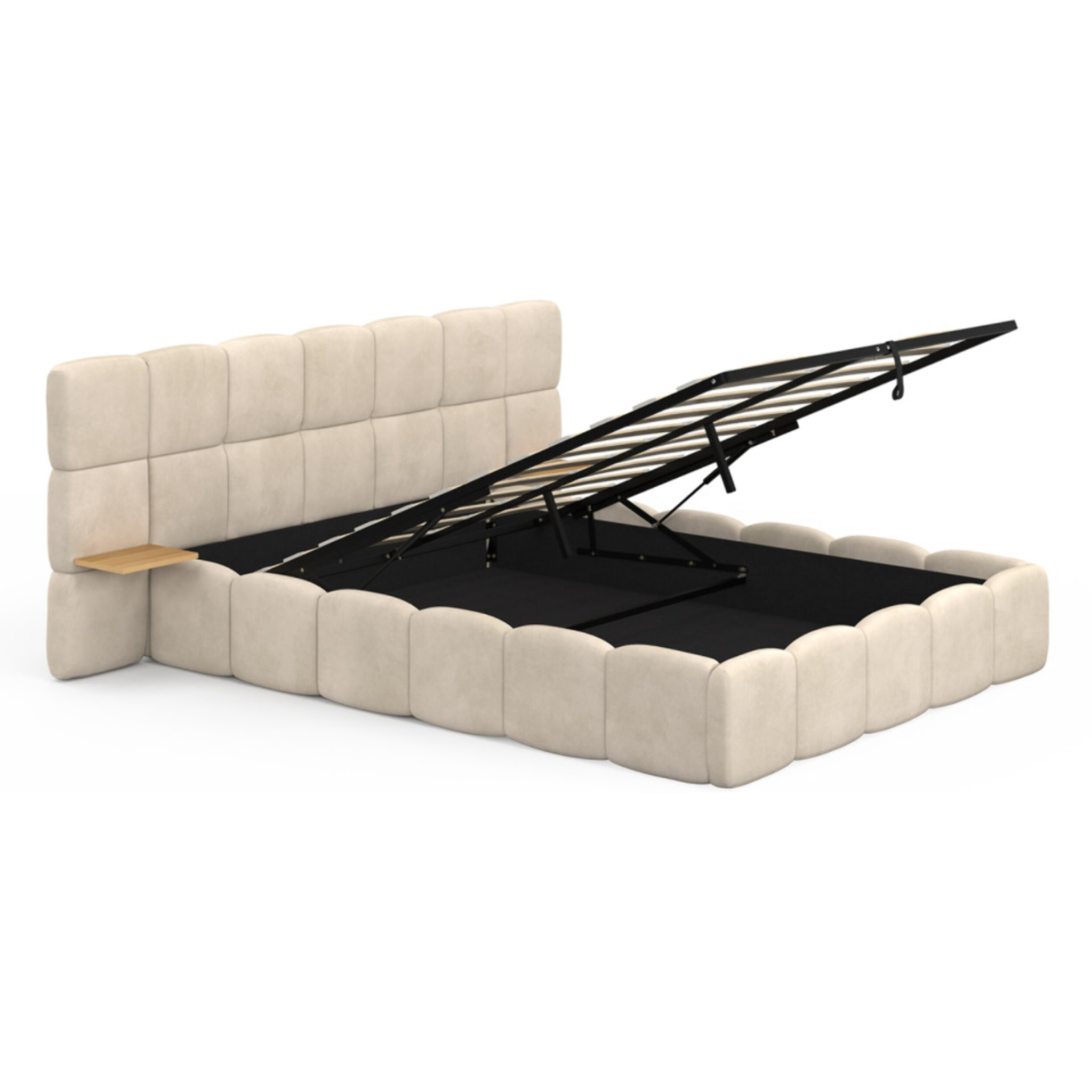 Lit coffre Bubble 140x190cm velours beige chevets intégrés