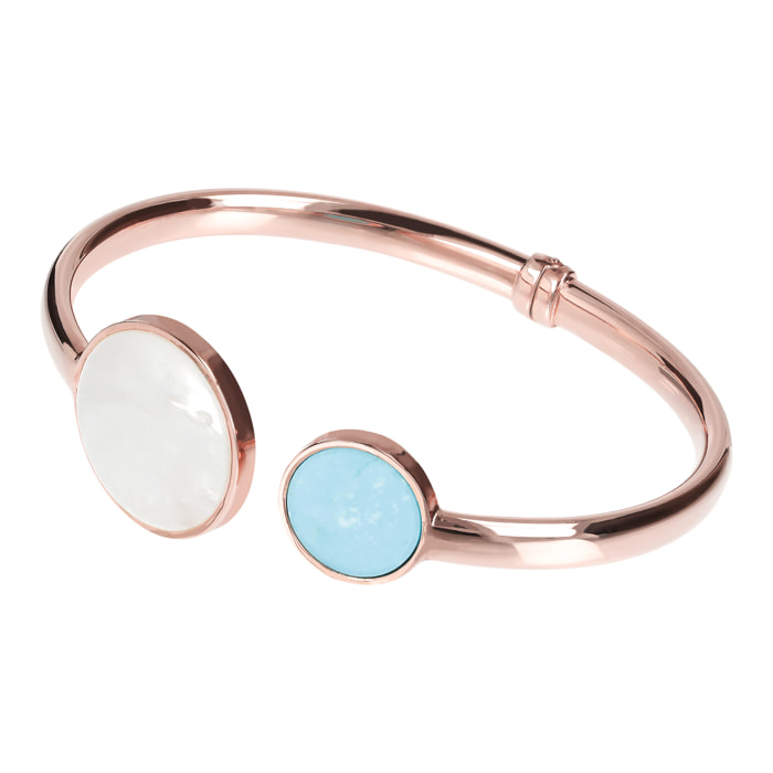 Bracciale Rigido Placcato Oro Rosa 18kt con Madreperla Bianca e Magnesite Azzurra