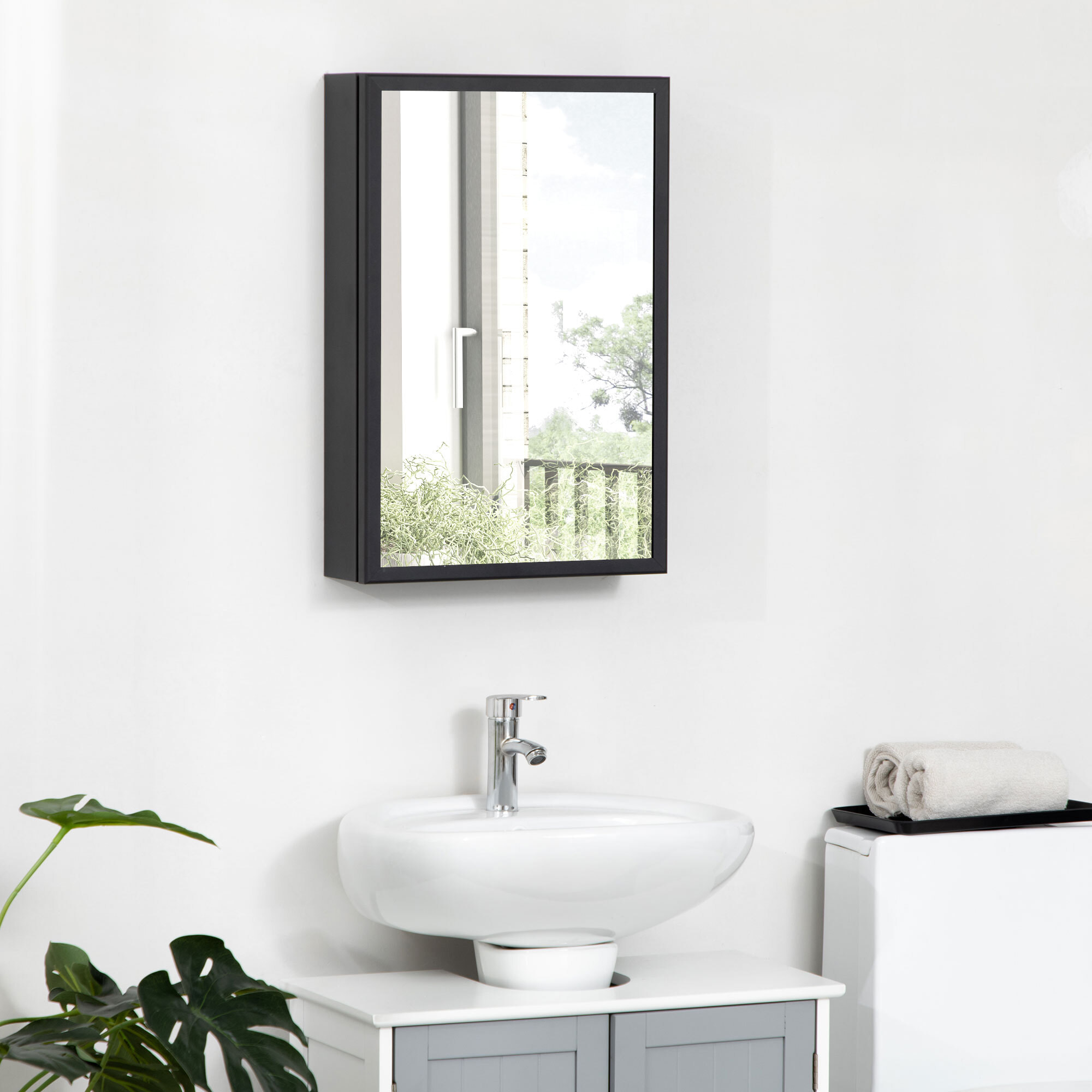 Armoire miroir murale salle de bain toilette dim. 40L x 12l x 60H cm acier inox. noir verre