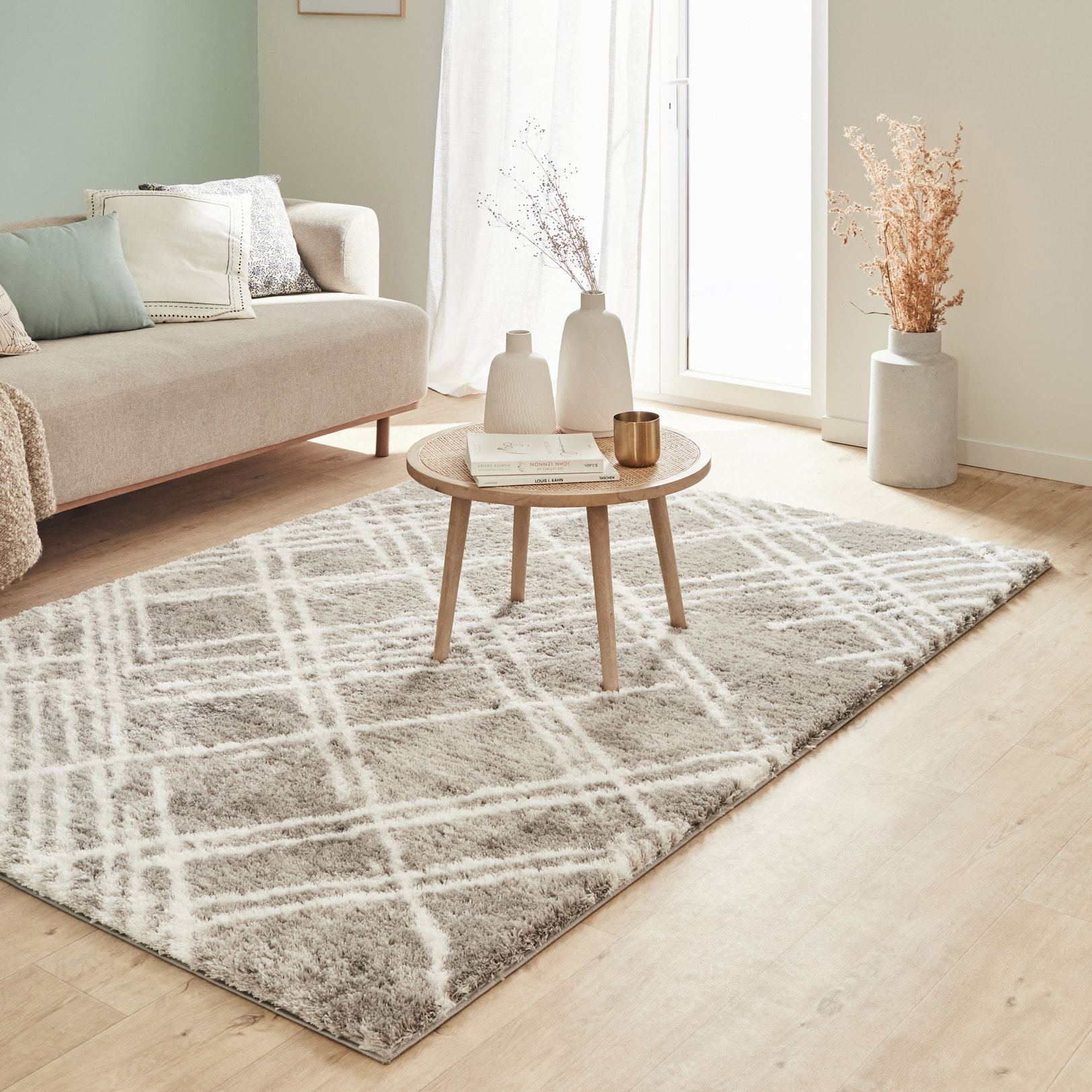 Oslo - tapis de salon moderne à poils longs avec motifs linéaires gris