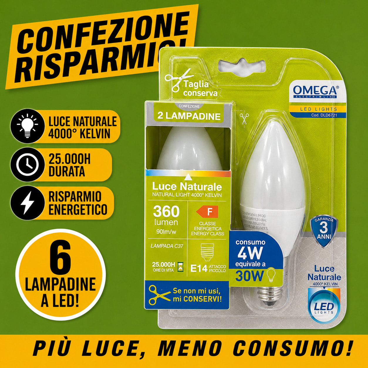 OMEGA Set 6 Lampadine LED Sfera 4W E14 4000K