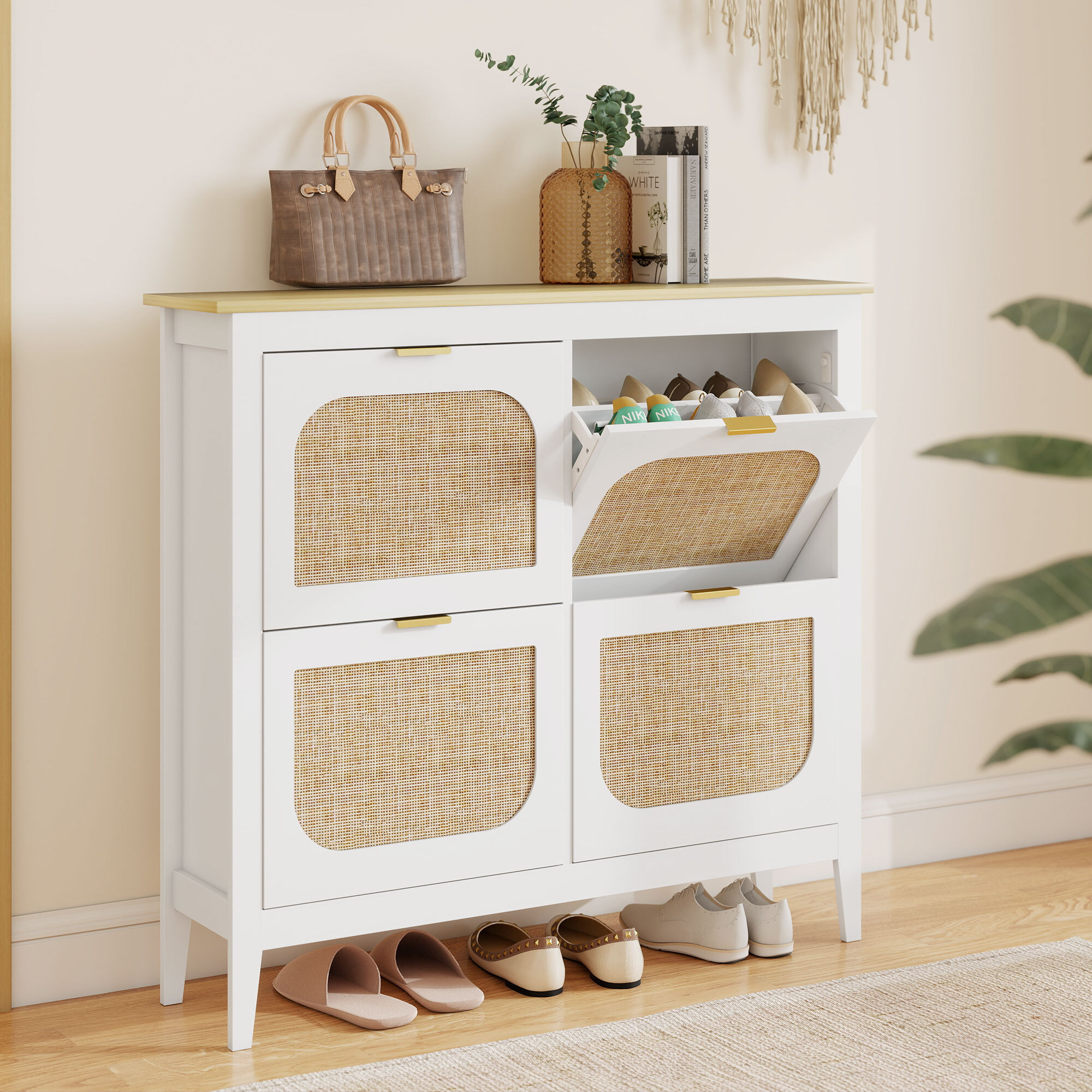 Zapatero Estrecho con 4 Puertas de Ratán Zapatero Entrada Recibidor con Estantes Ajustables para 20 Pares de Zapatos 105x24x95,5 cm Blanco