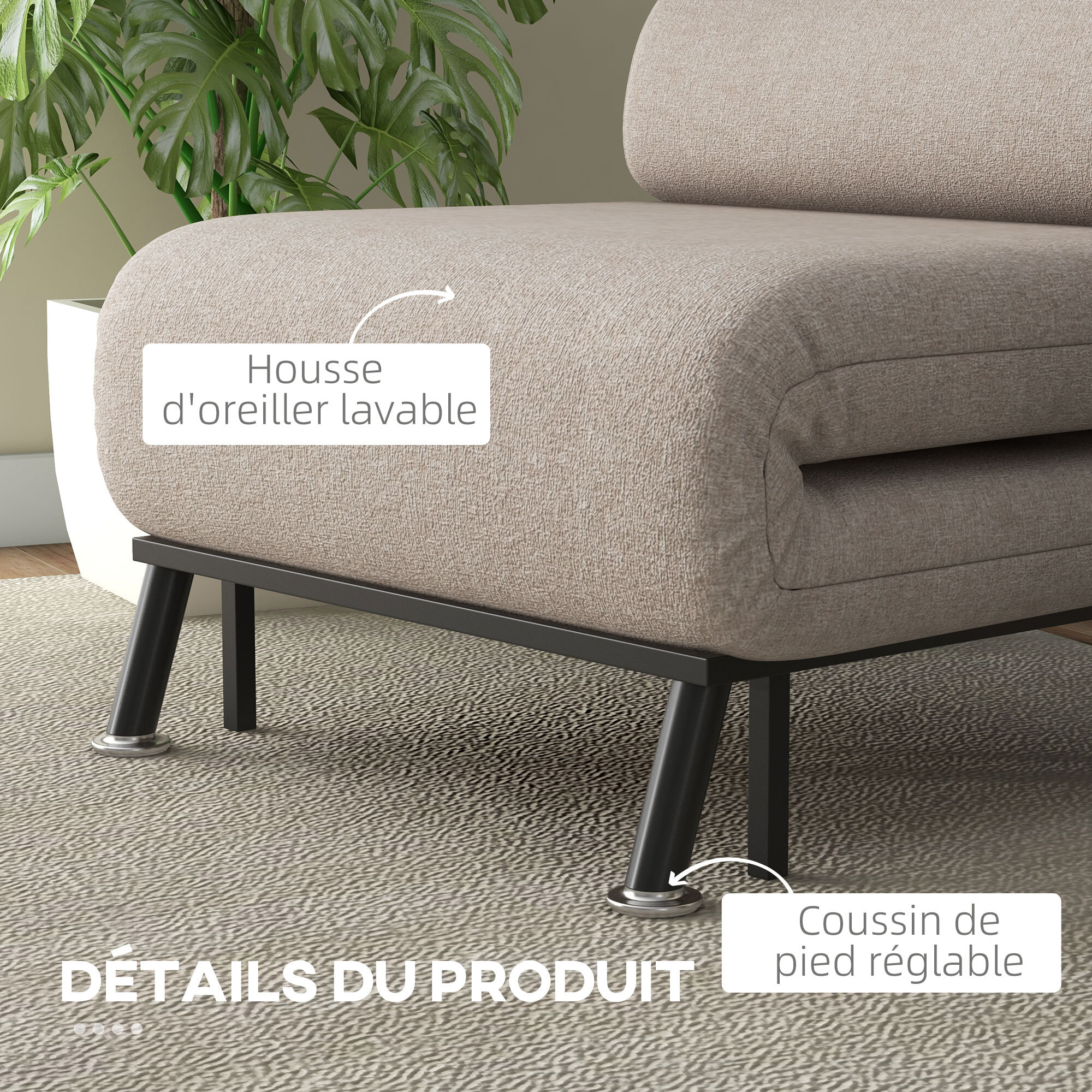 Fauteuil convertible 3 en 1 chauffeuse lit avec coussin beige