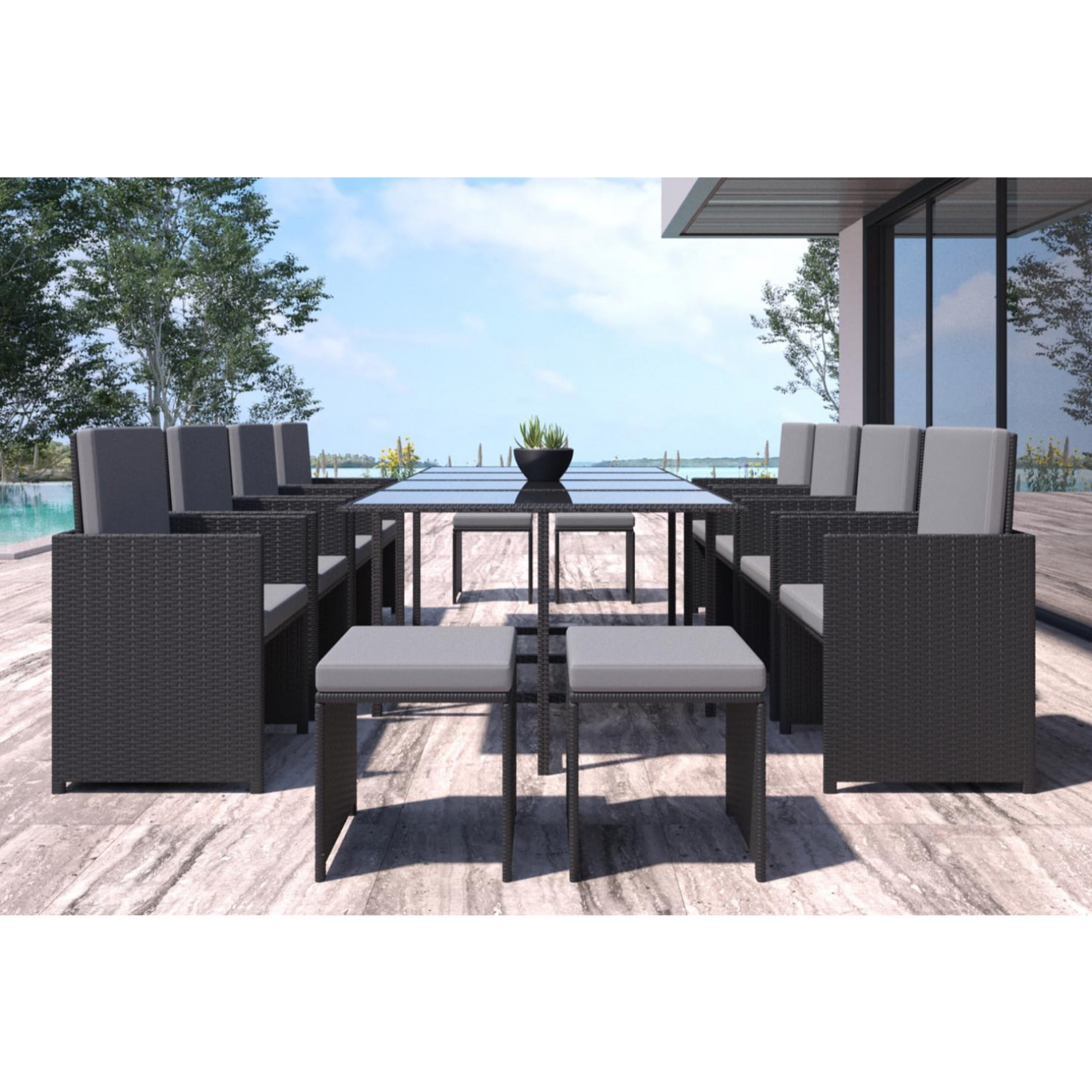 Table et chaises 12 places en résine tressée noir et gris LOUISIANE