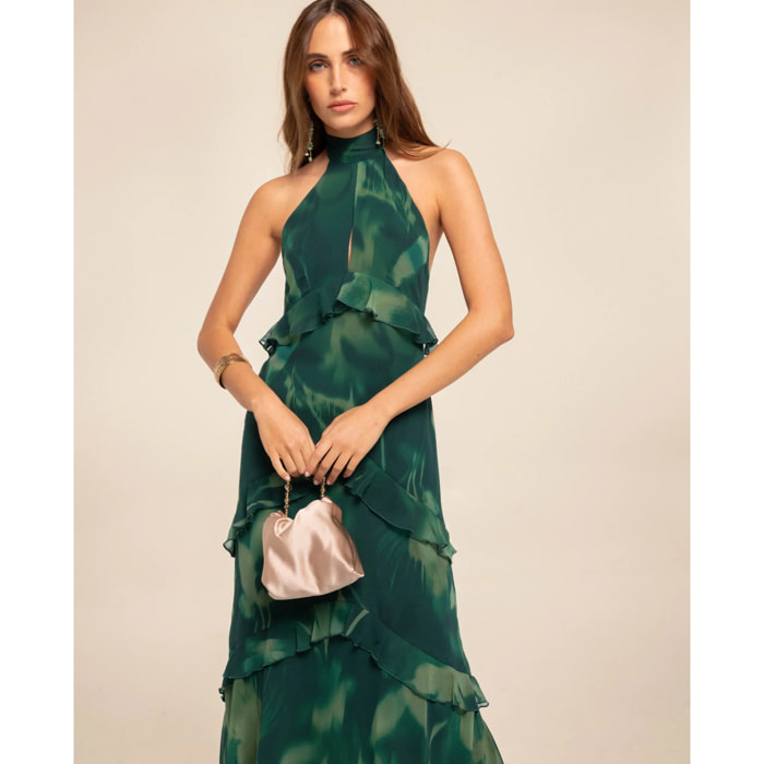 Vestido midi con escote halter y volantes