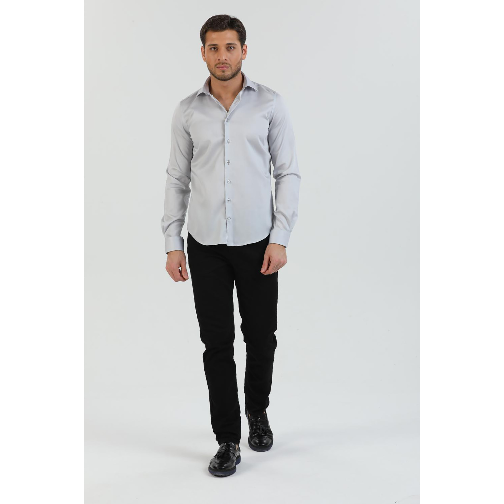 Camicia Uomo 1 Bottone Francese Slim Satin Unito Grigio