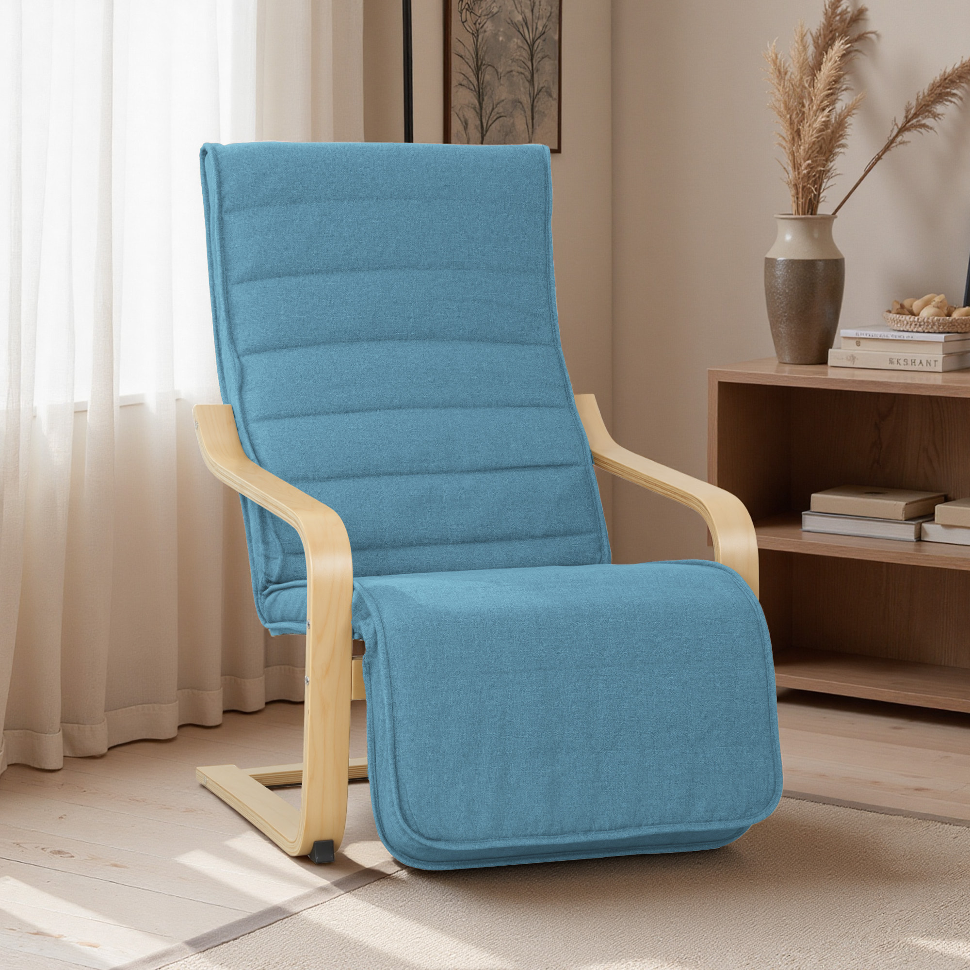 Sillón de Salón con Reposapiés Ajustable, Butaca de Salón Tapizada en Lino Sintético con Marco de Madera, Sillón de Relax para Dormitorio, Oficina, Estudio, 66,5x94x100 cm, Azul