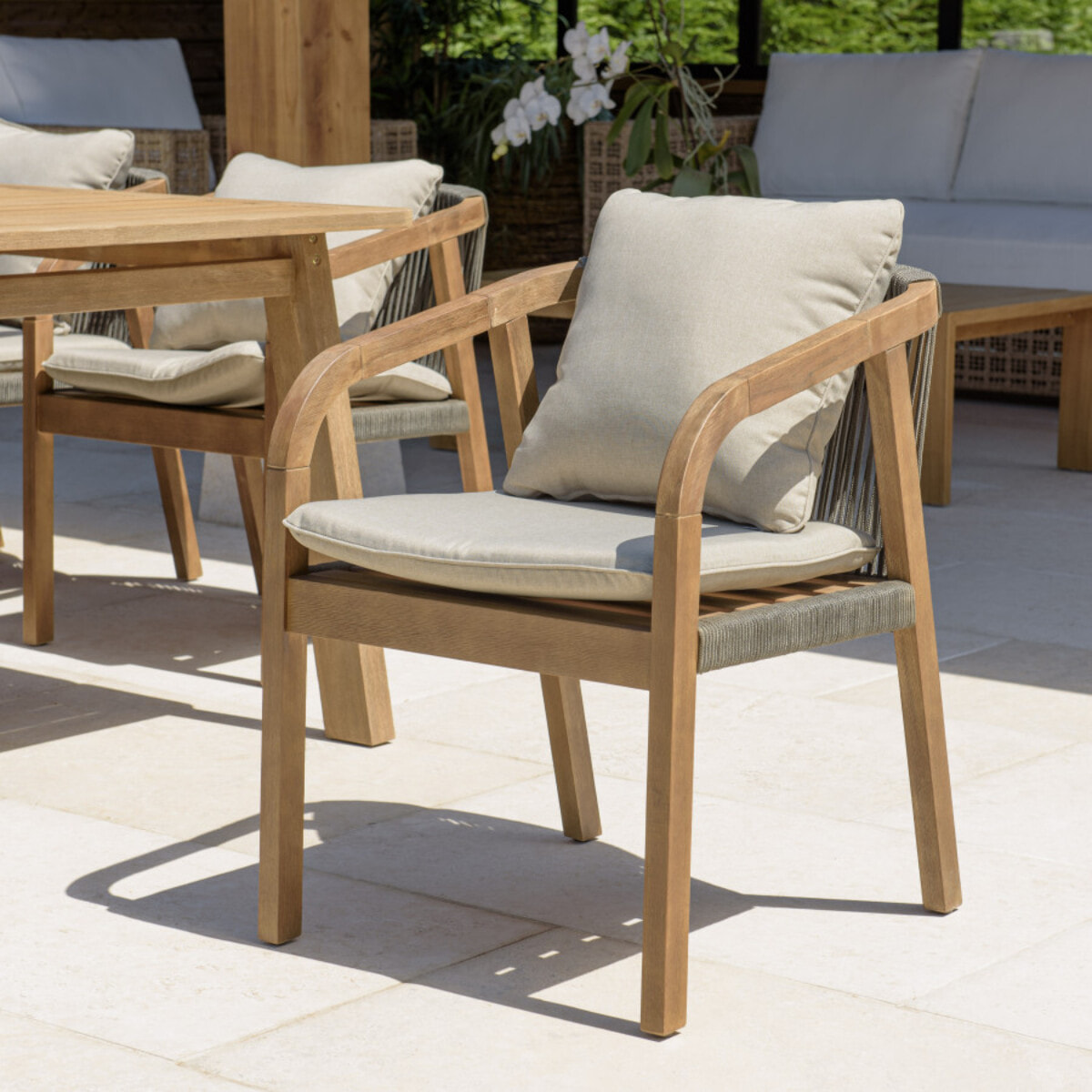 CELESTIN - Lot de 2 fauteuils acacia/cordage synth. vert sapin/coussins