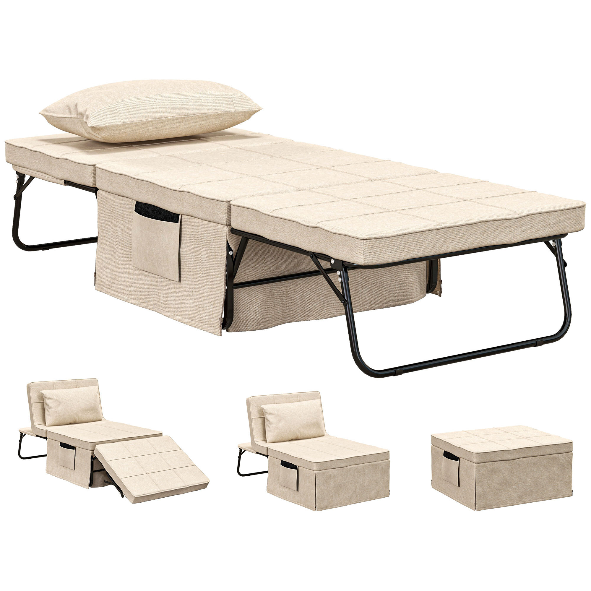 Sofá Cama de 1 Plaza 4 en 1, Sillón Cama Plegable, Otomana, Tapizado en Lino, con Respaldo Ajustable de 5 Niveles, Almohada Acolchada, para Oficina, Dormitorio, Salón, 75x80x74 cm, Crema