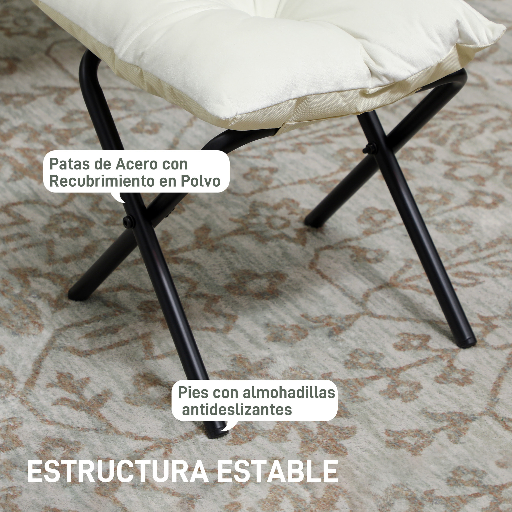 Sillón de Salón con Reposapiés Sillón de Relax Butaca para Dormitorio con Bolsillos Laterales y Patas de Acero para Sala de Estar Crema