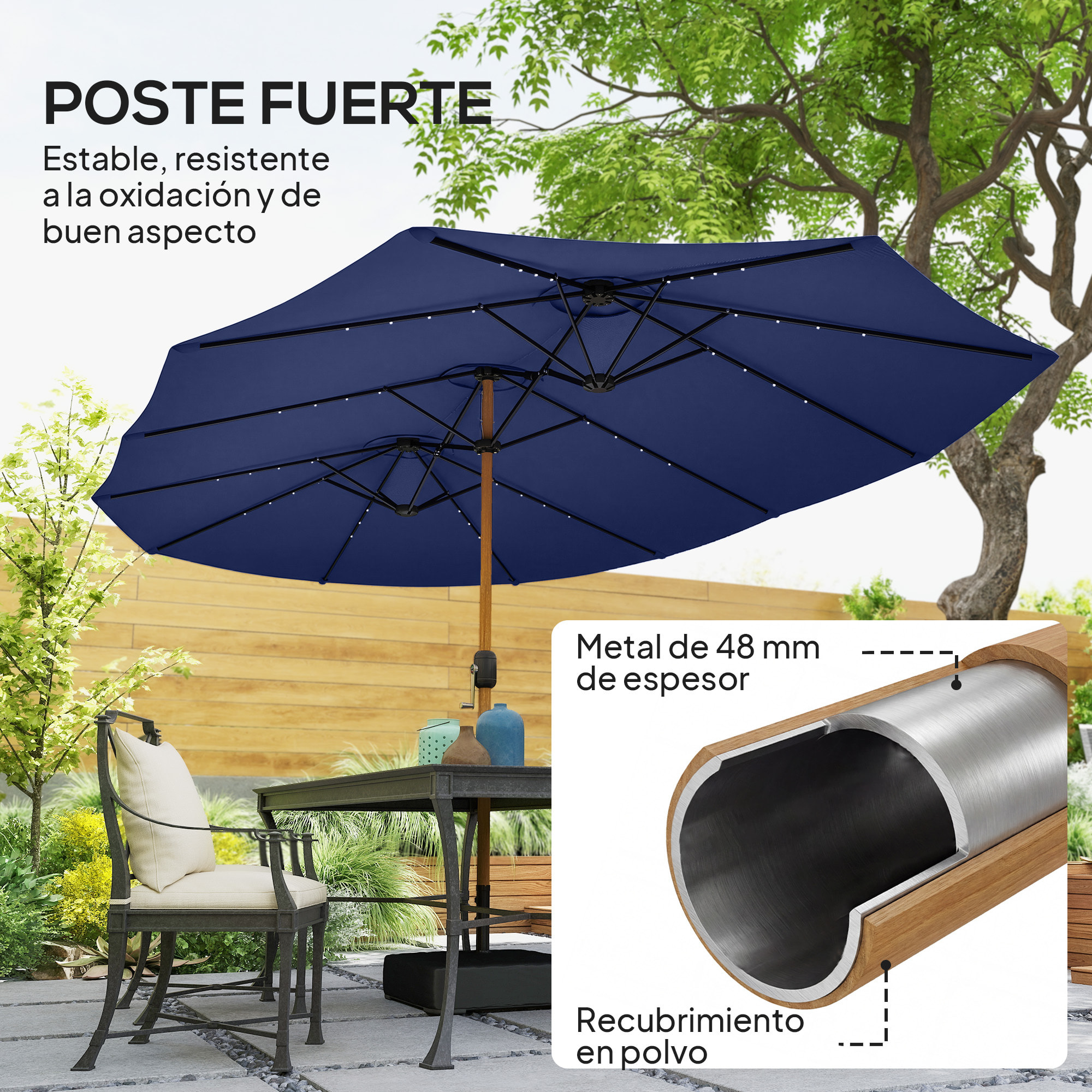Sombrilla Doble 4,7x2,8 m, Sombrilla Terraza Exterior con Base Incluida, Manivela Manual, Sacos de Arena y Funda, Anti-UV, Resistente al Agua, Parasol para Jardín, Terraza, Patio, Azul Oscuro