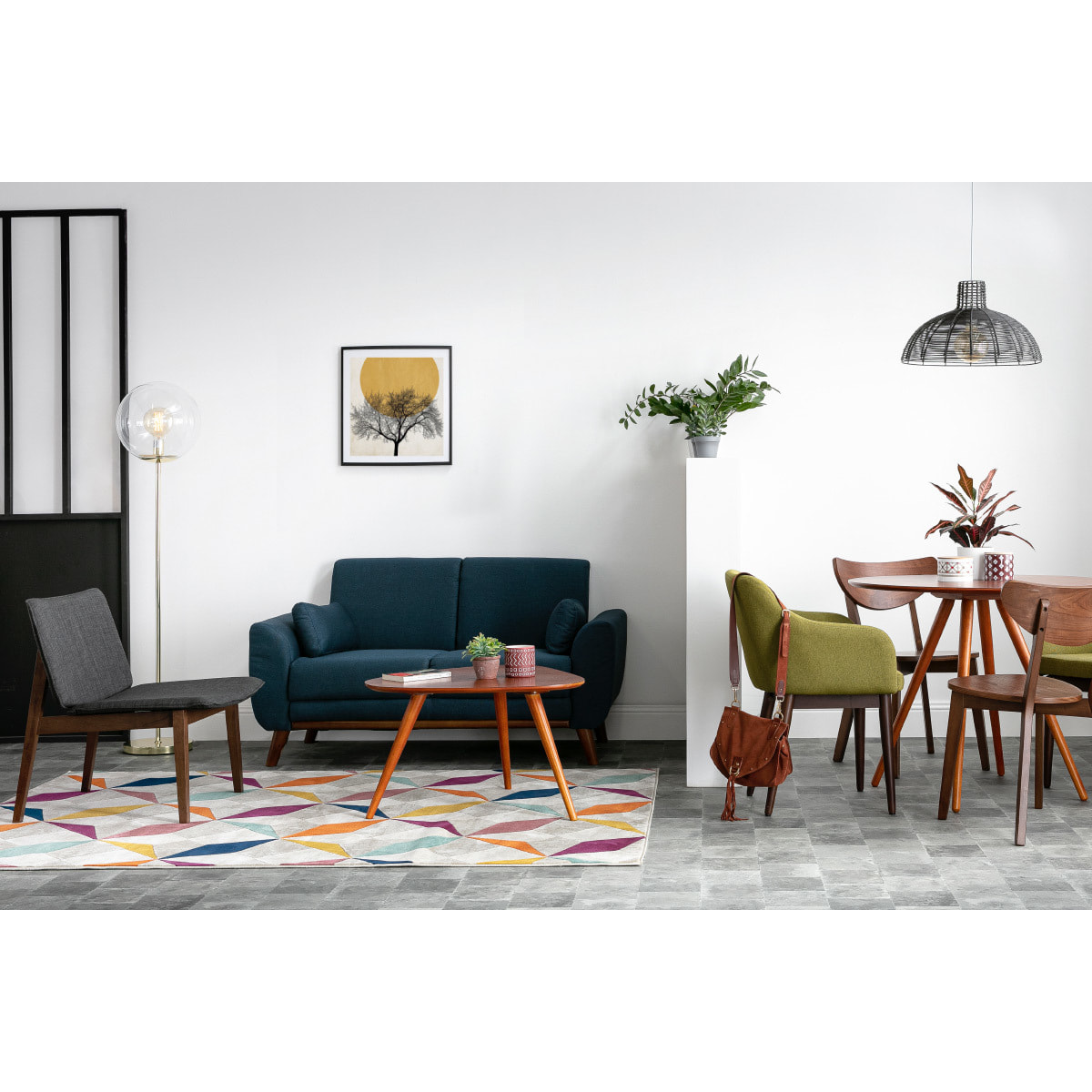 Canapé scandinave 2 places en tissu velours bleu pétrole et bois clair EKTOR