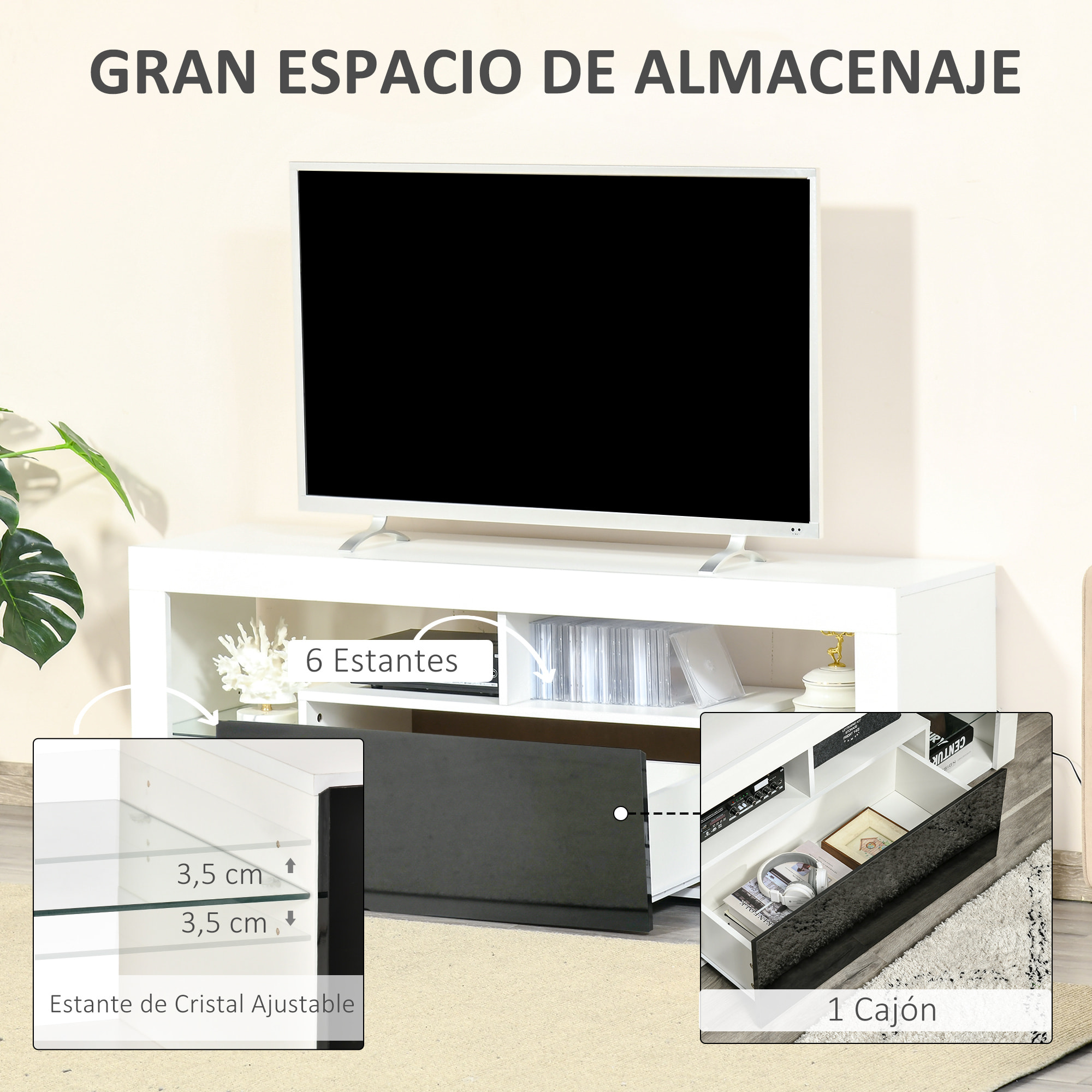 Mueble de TV para Televisiones de 55â‚¬ÂPulgadas Mesa para TV de Salón con Luz LED 6 Modos de Colores Mando a Distancia Cajón y Estantes de Cristal Ajustables 140x35x52 cm Blanco