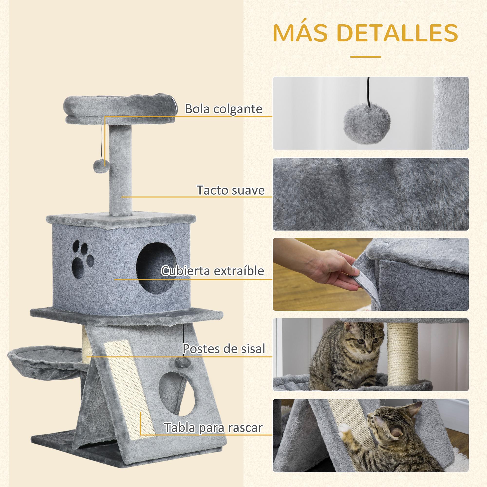 Árbol Rascador para Gatos Altura 111 cm con Cama Cueva Hamaca Bola Colgante Gris