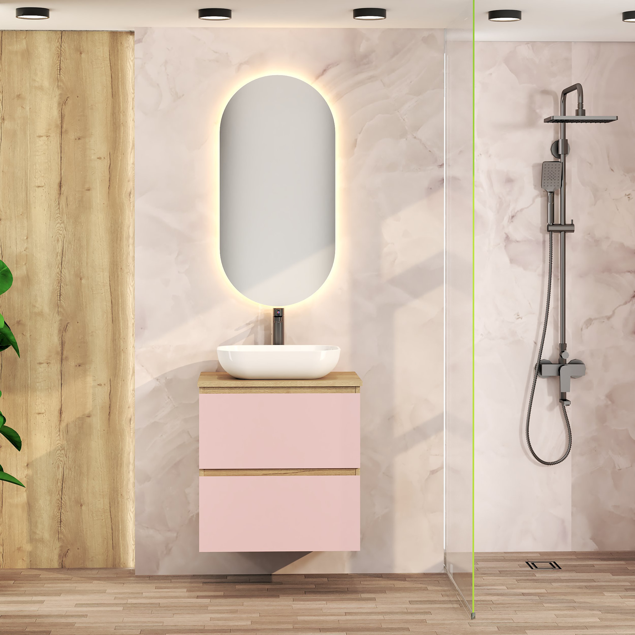 ENSEMBLE DE SALLE DE BAIN NIA | MEUBLE SUSPENDU | 60 CM ROSE | DEUX TIROIRS |LAVABO SUR PLAN | MIROIR NON INCLUS | MEUBLE MONTÉ | ALDAY