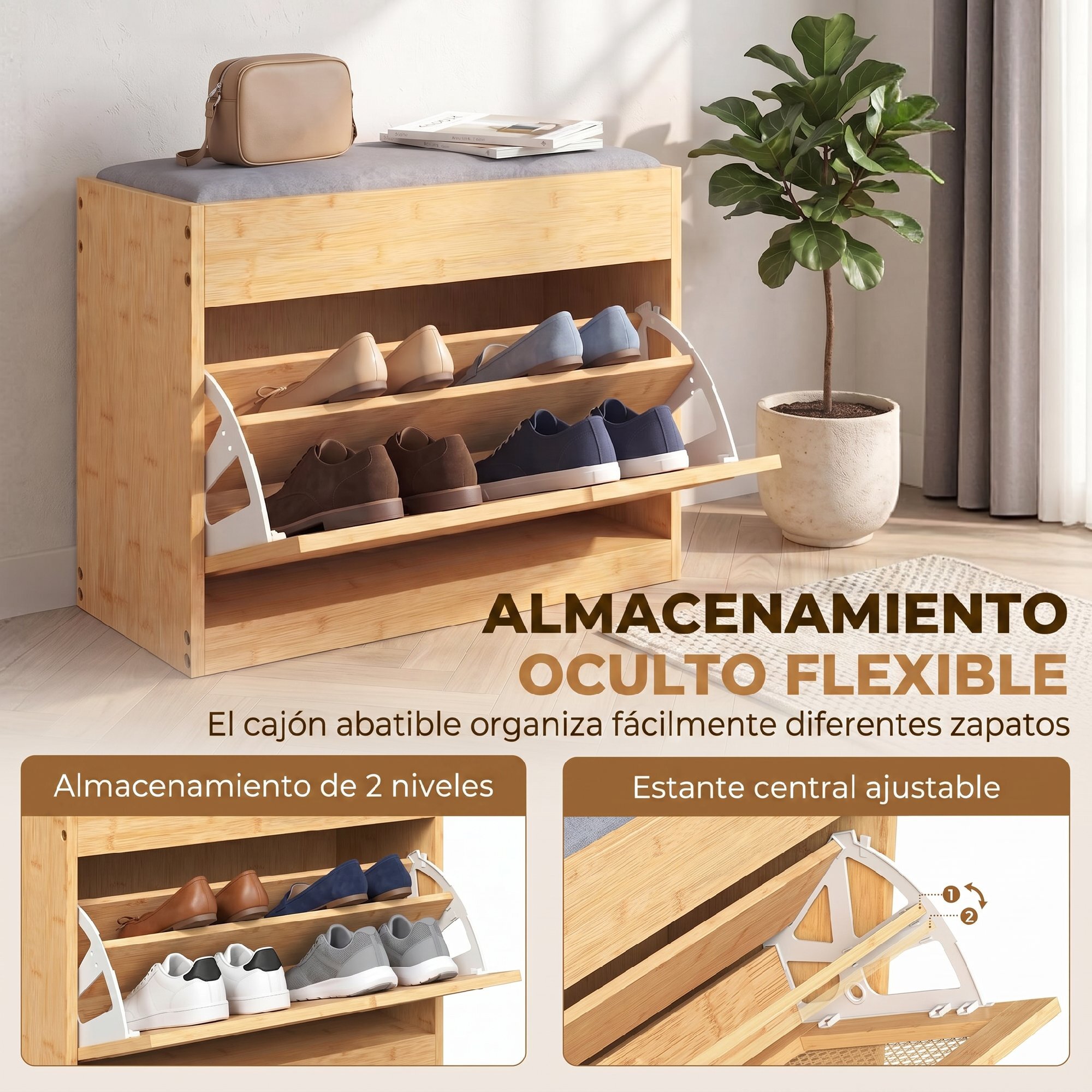 Banco Zapatero, Banco Recibidor con Asiento Acolchado, Cajón Abatible, Puerta de Ratán, Estante Ajustable, para Entrada, Pasillo, Salón, 63x29x48 cm, Natural y Gris