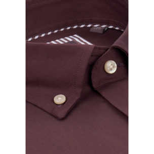 Camicia Uomo 1 Bottone Button Down Doppio Popeline Stretch Unito Bordeaux