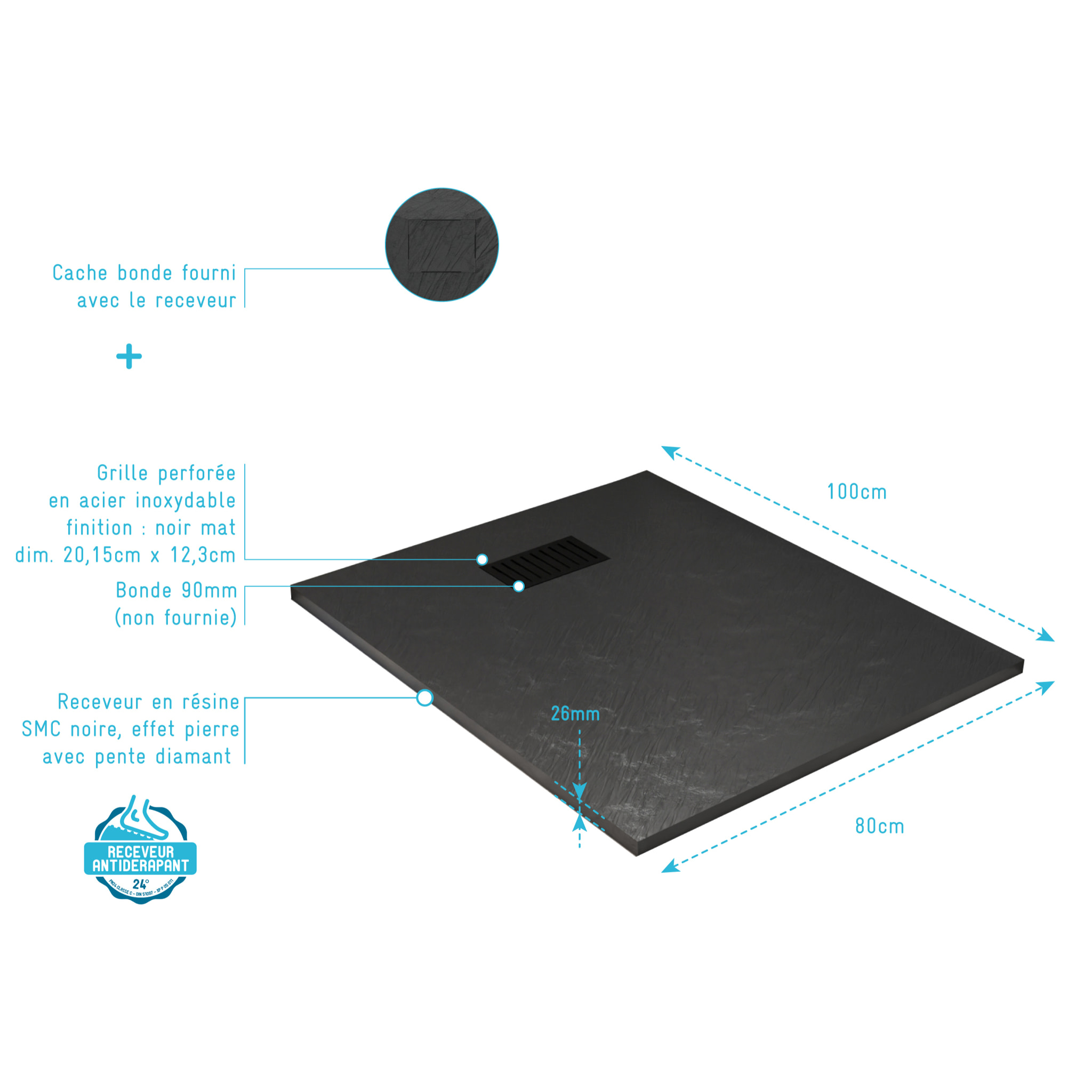 Receveur de douche Noir Effet Pierre 80x100 cm et Grille décor Linéaire Noire Mate