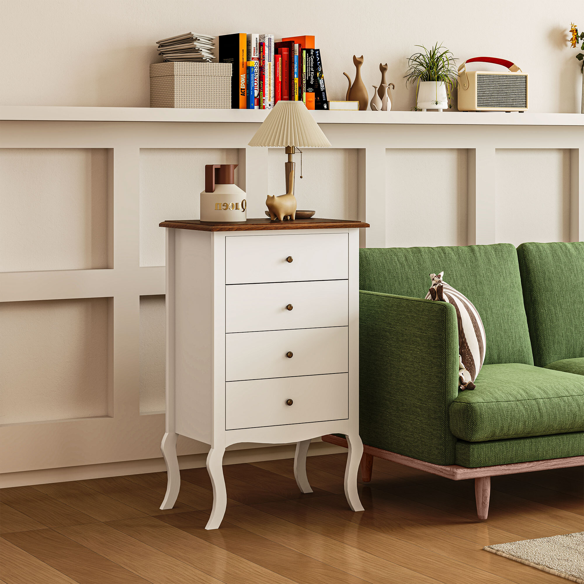 Cómoda con 4 Cajones Cómoda de Dormitorio Estilo Francés con Diseño Anti-vuelco Cajonera para Salón Pasillo 60x40x98,5 cm Blanco y Roble