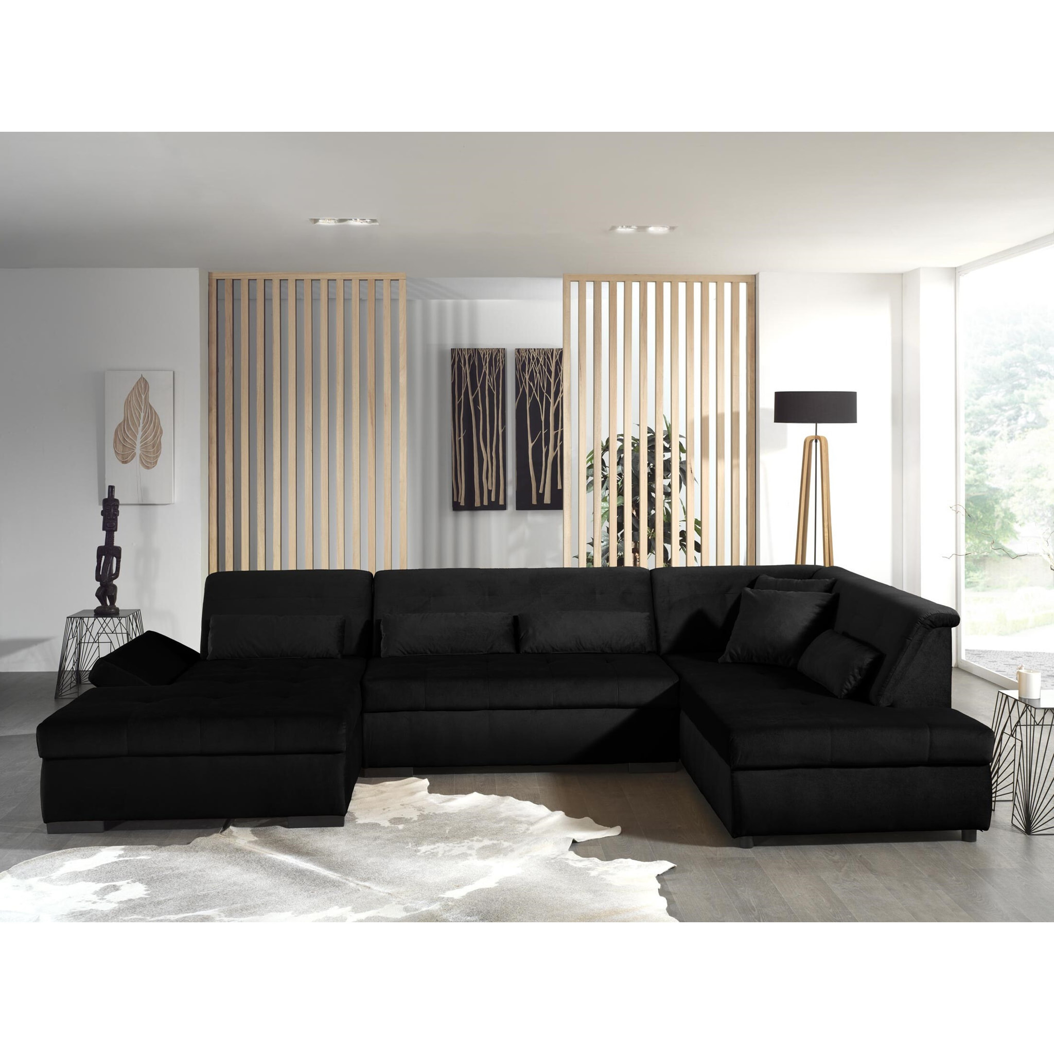 Vermont - canapé panoramique d'angle droit - 7 places - XXL - en velours - Noir