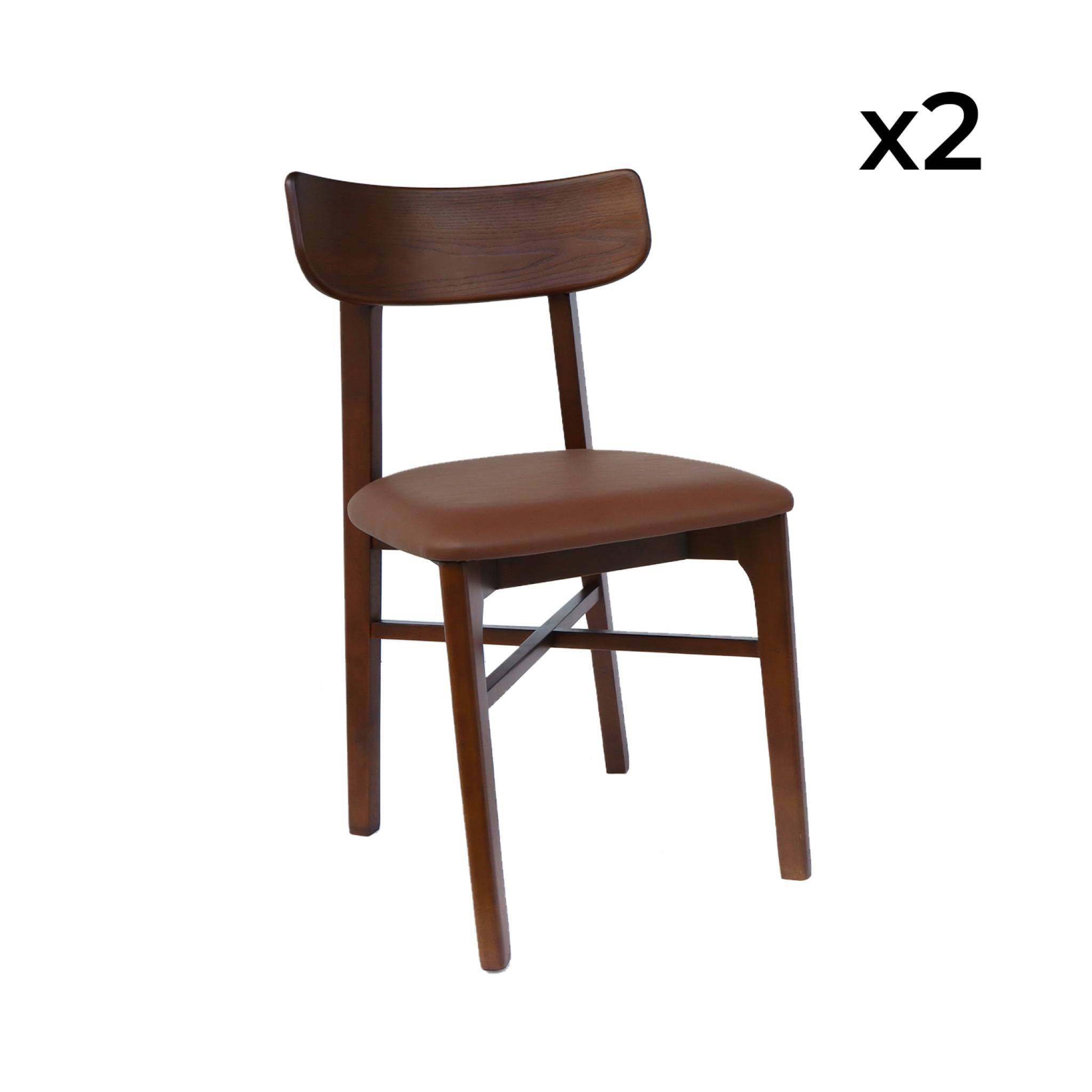 Lot de 2 chaises bois d'hévéa et assise simili cuir marron. vintage. L 43.5 x P 48 x H 81cm
