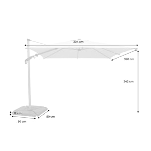 Parasol déporté rectangulaire 3x4m, mât effet bois + dalles à lester 50x50cm ETRETAT + BASE 50