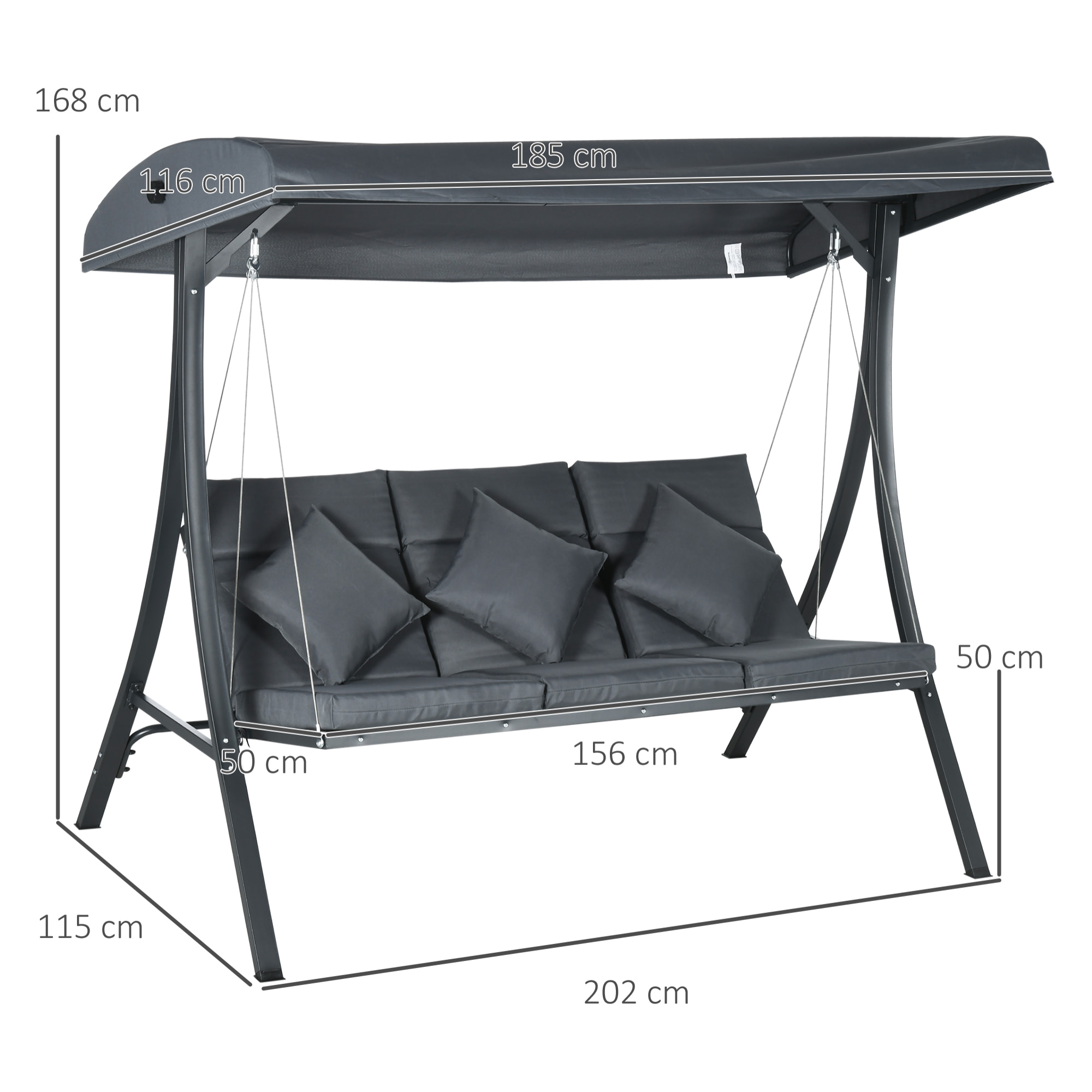 Columpio de Jardín de 3 Plazas Balancín para Exterior con Toldo Ajustable 3 Cojines y Marco de Acero para Terraza Patio Balcón Carga 320 kg 202x115x168 cm Gris