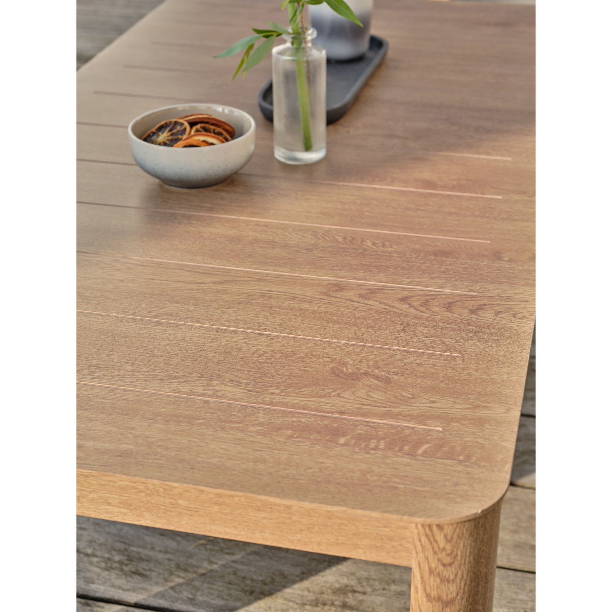 GOYA - Salon bas de jardin 5 pl en aluminium imitation bois, coussins