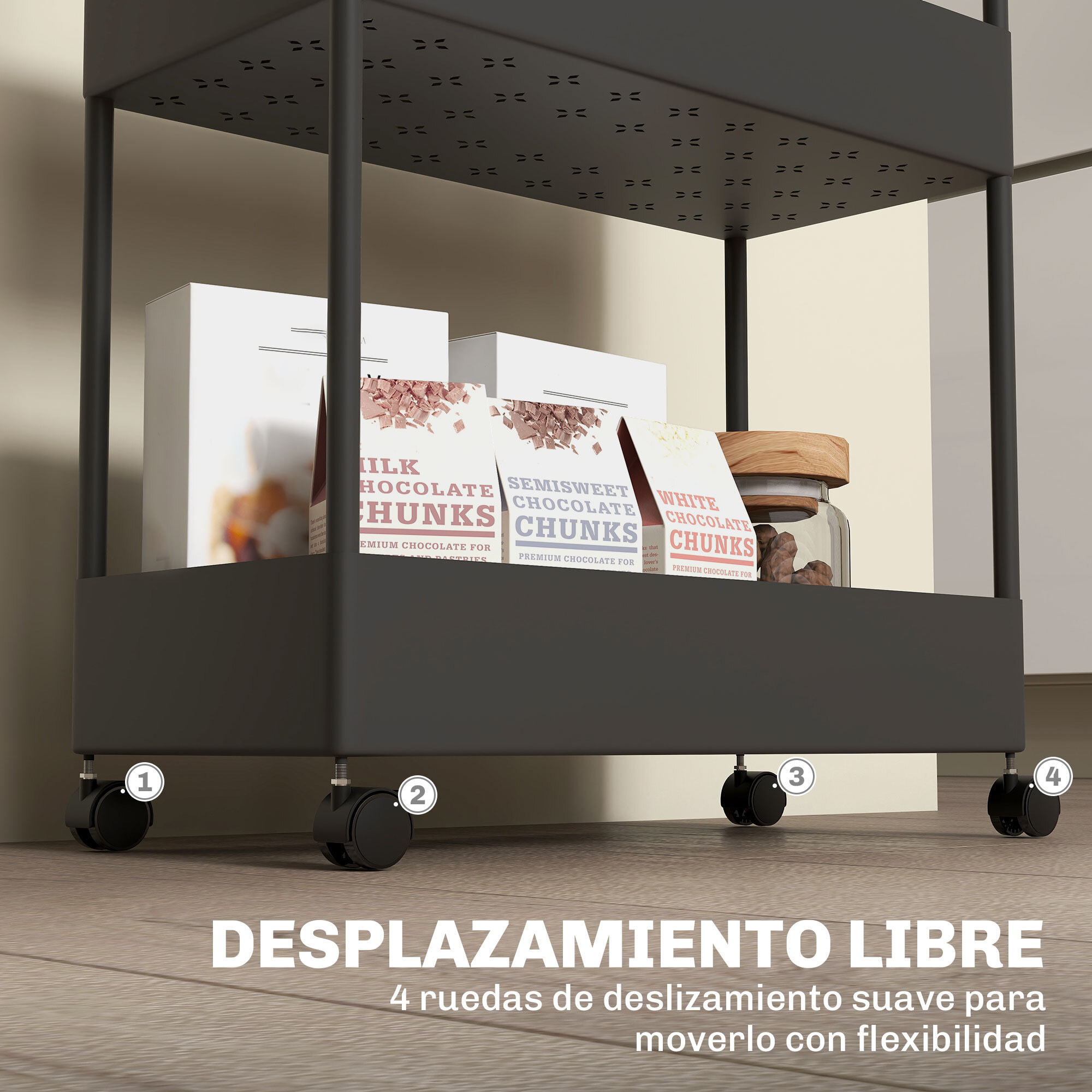 Carro de Cocina de Almacenamiento de 4 Niveles Carrito Auxiliar con Ruedas 4 Cestas y 4 Ganchos Extraíbles Carrito de Cocina para Comedor Baño Salón 40x19x90 cm Negro