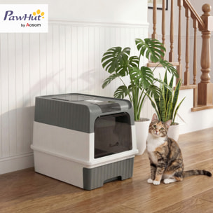 Maison de toilette chat - couvercle, trappe, plateau coulissant, accessoires - blanc gris