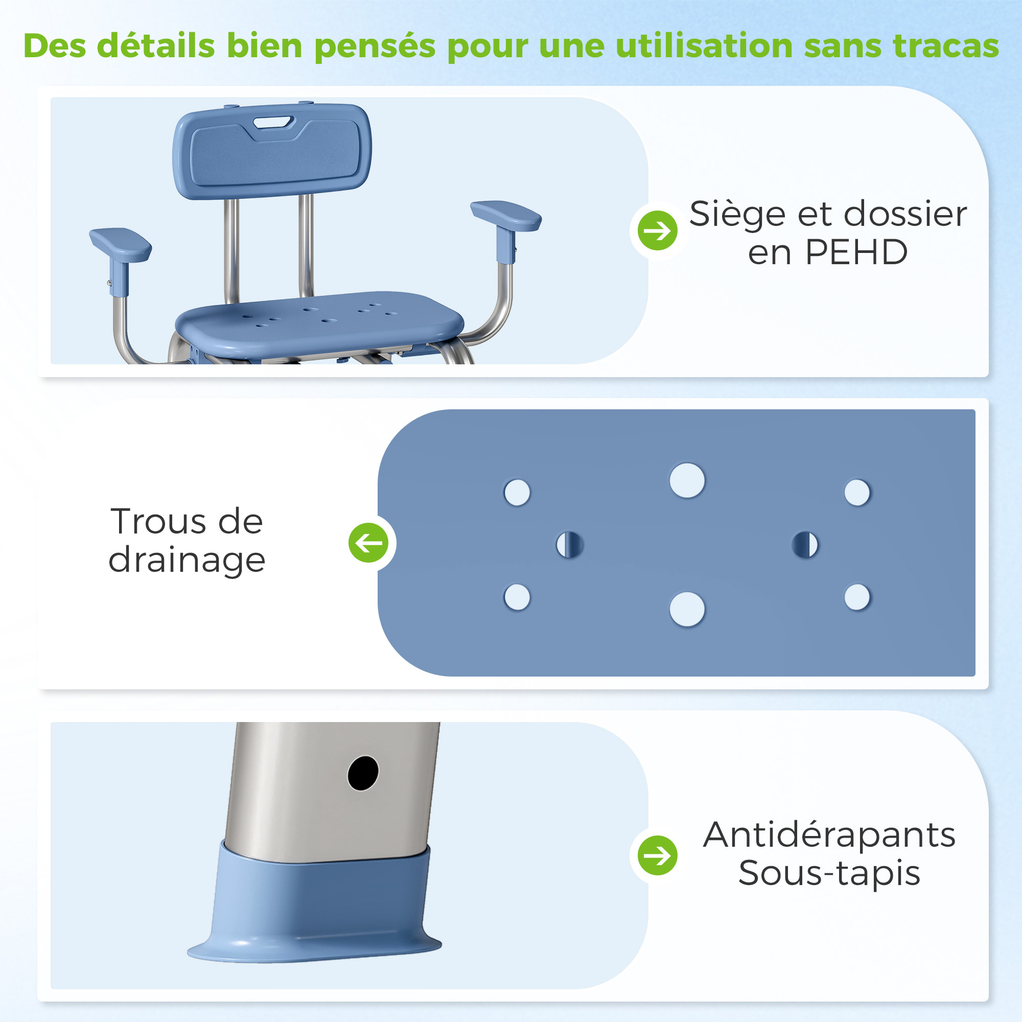 Chaise de douche réglable avec accoudoirs dossier alu HDPE bleu