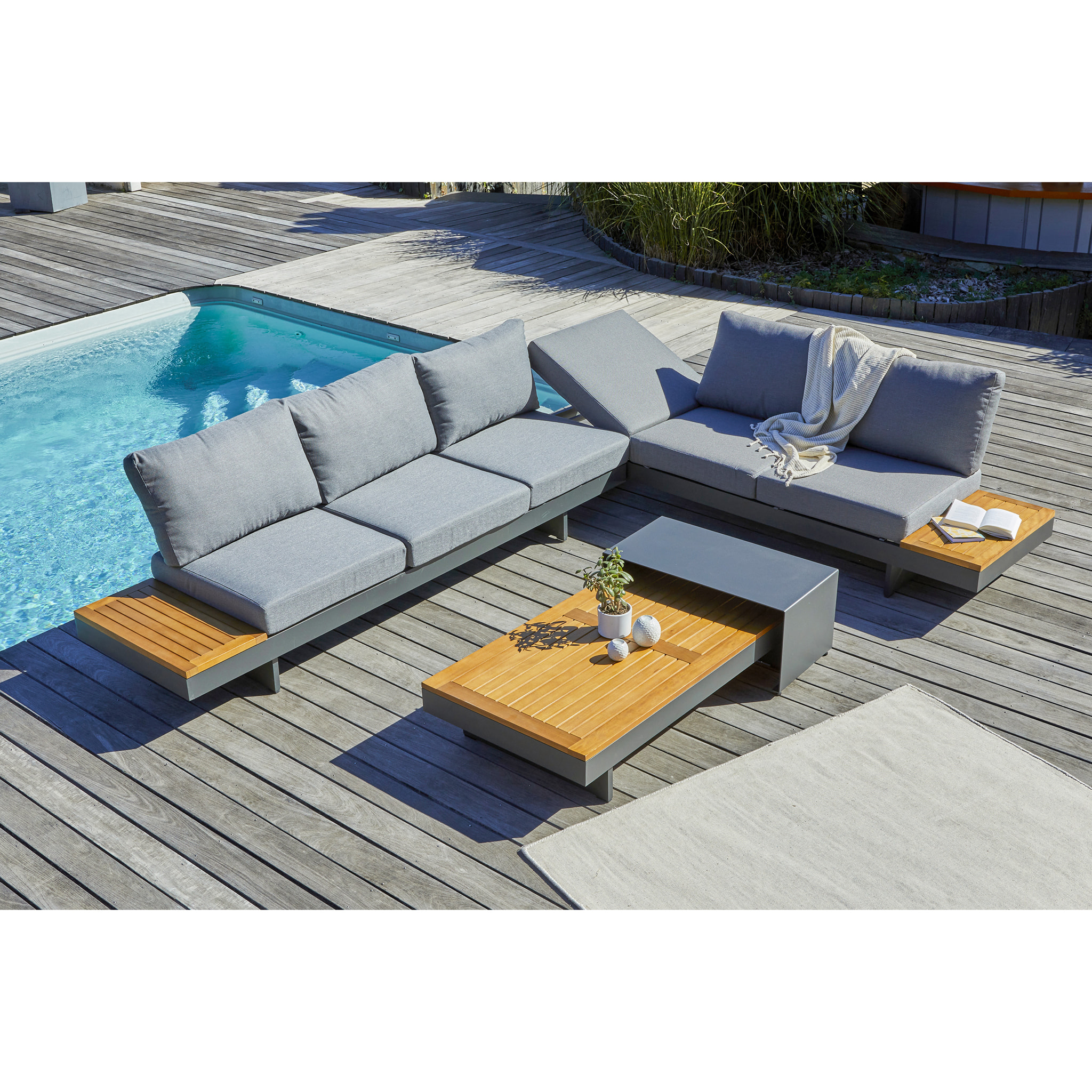 VANUATU - Salon de jardin d'angle 6 places en bois d'acacia et alu