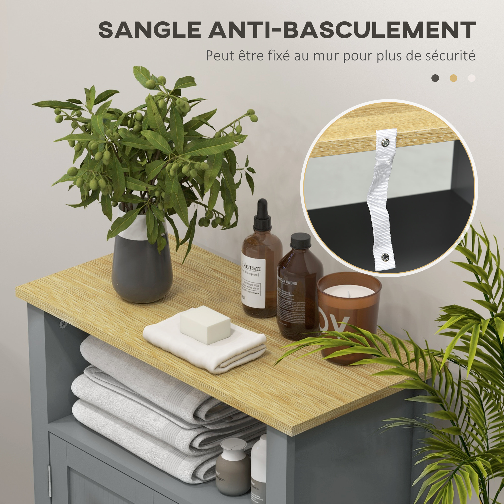 Meuble bas de salle de bain sur pied 2 portes étagère niche plateau aspect bois clair gris