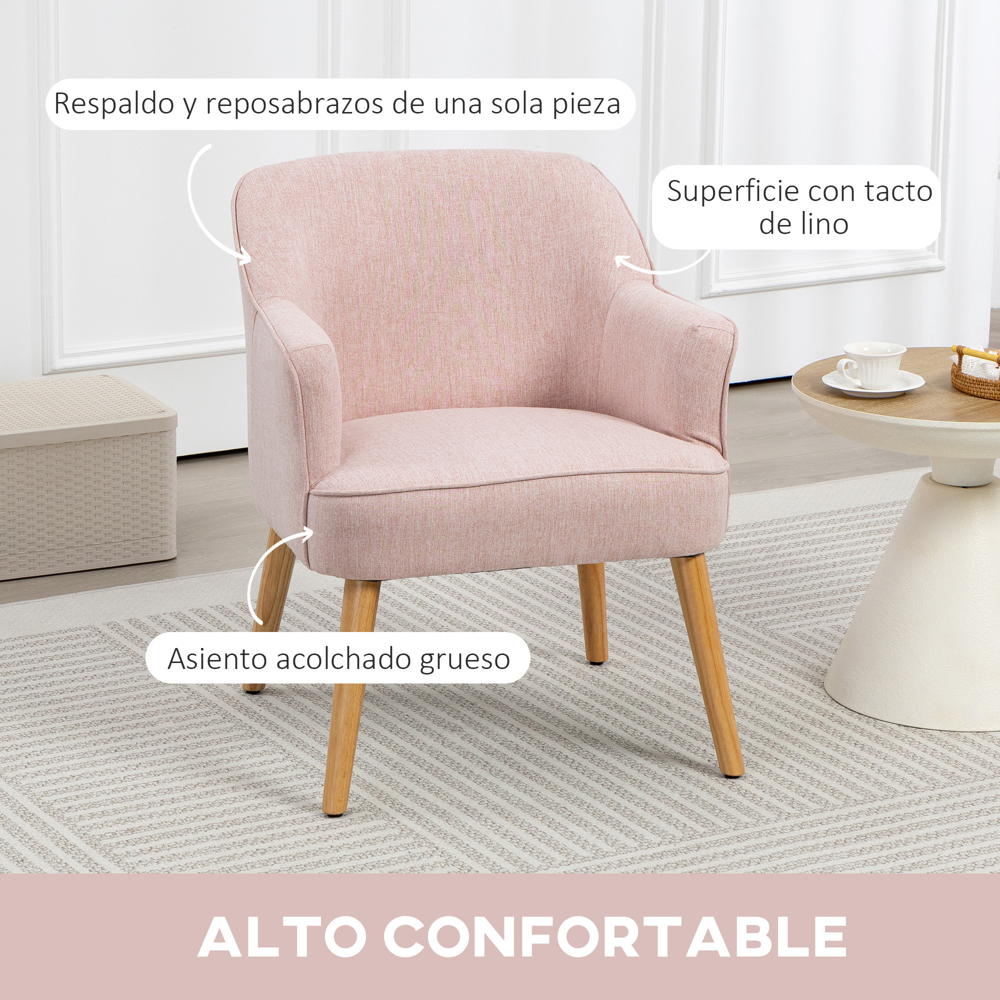 Butaca de Salón Moderno Sillón Individual Tapizada en Lino con Patas de Madera Reposabrazos y Almohadillas Ajustables para Dormitorio Oficina Estudio Carga 120 kg 64,5x65x79,5 cm Rosa