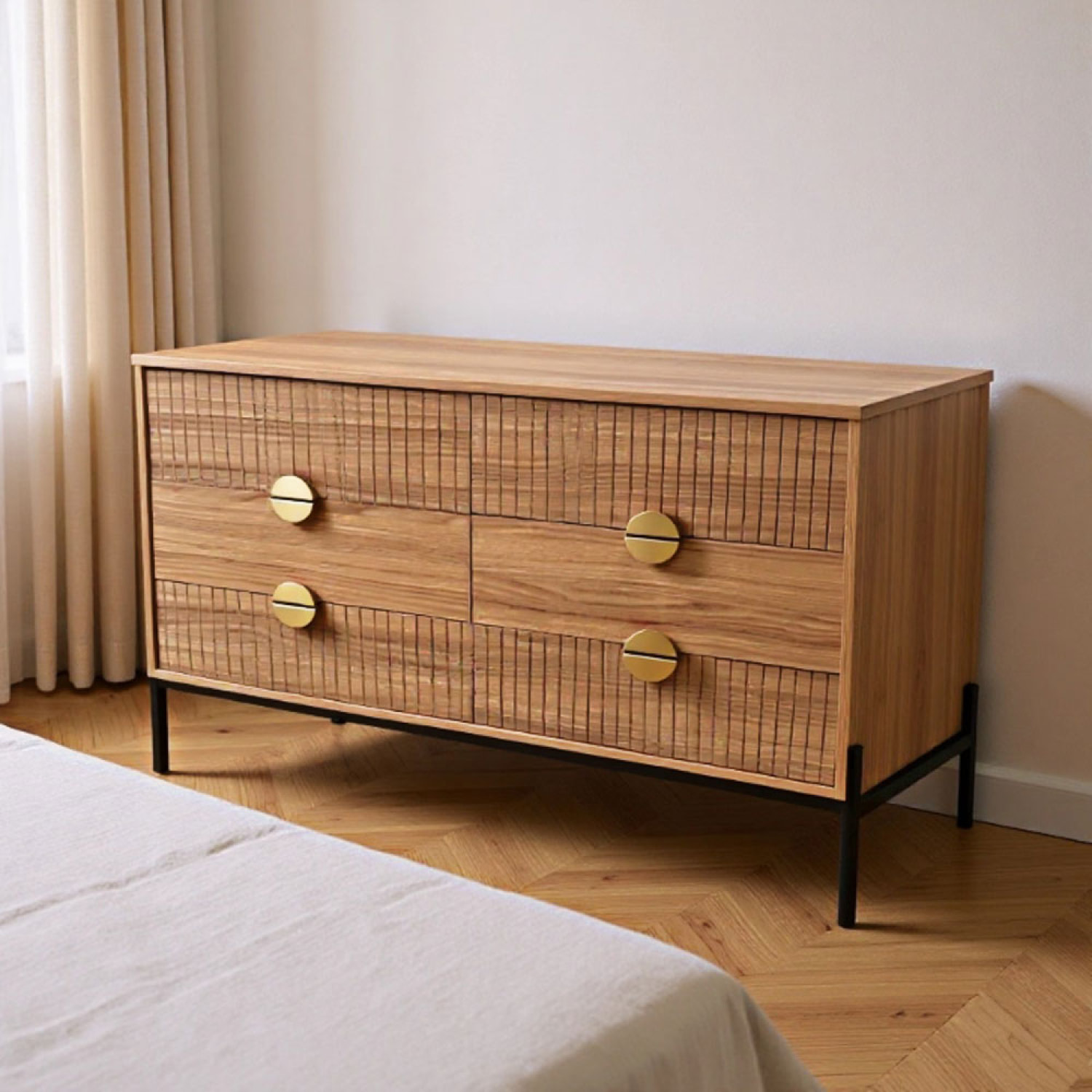 TORINESE Commode 6 tiroirs décor bois rainuré et poignées dorées 124cm