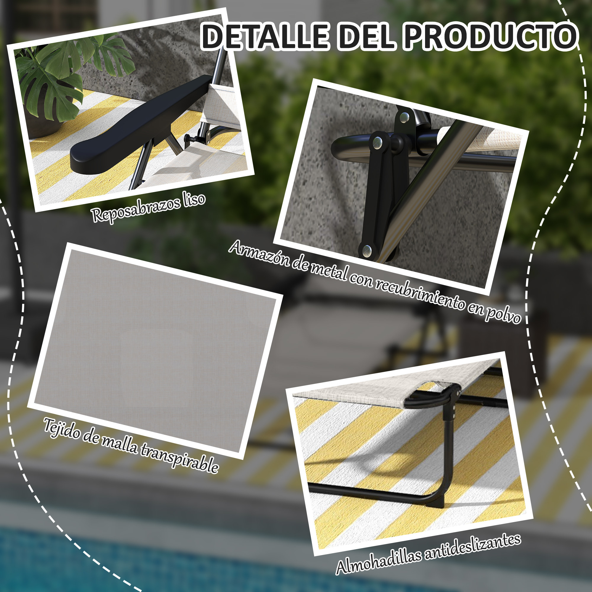 Outsunny Tumbona Plegable Tumbona de Jardín con Respaldo Ajustable en 4 Niveles Orificio de Lectura y Reposacabezas para Terraza Piscina 194x72x31 cm Crema