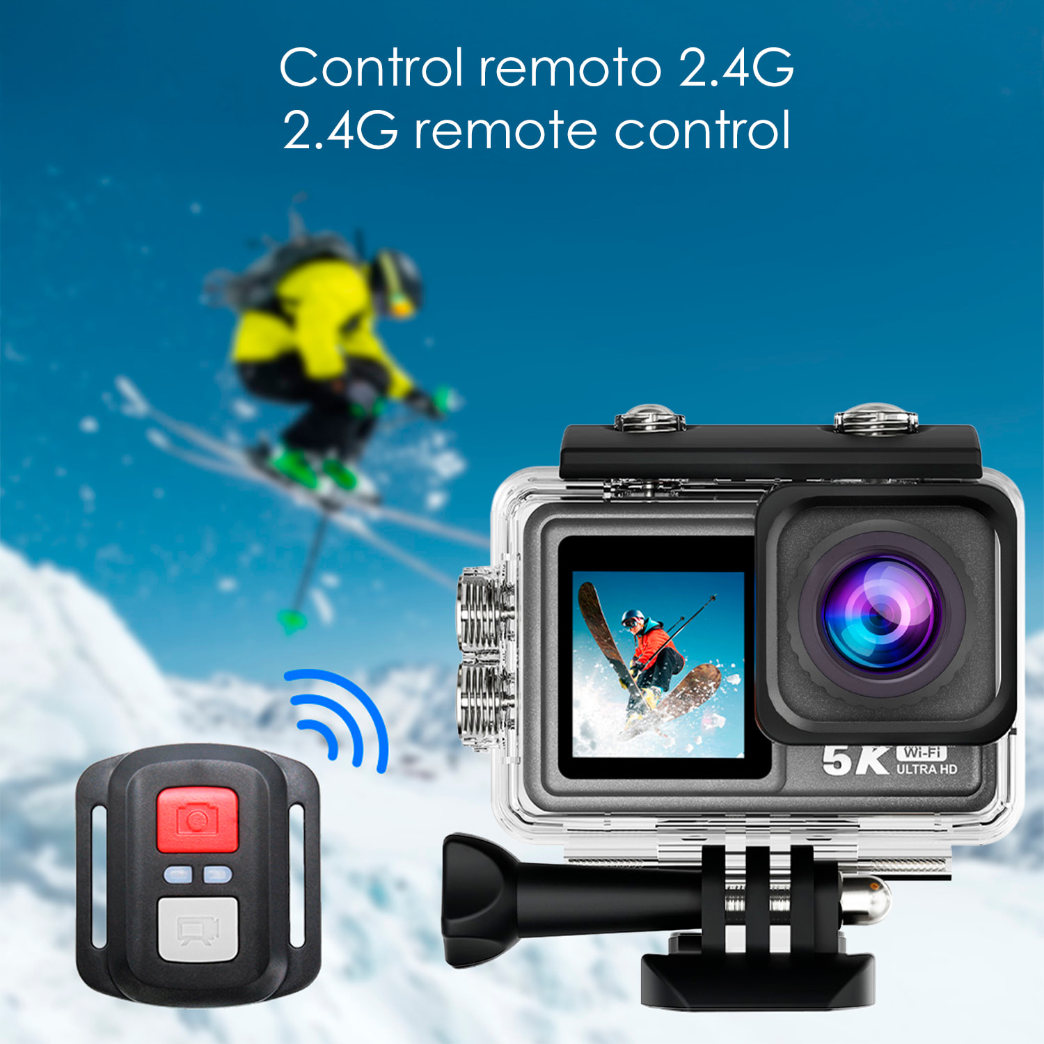 Camera Sportiva M81 TR 5k 30fps con 50 mpx, doppio schermo da 2" e 1.3" con moltissimi accessori sportivi e WIFI.